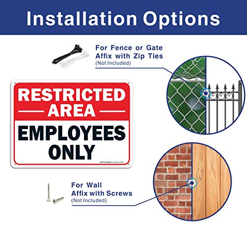 Faittoo Restricted Area Employees Only Sign, 10 x 7 Inches .40 Rust Free Aluminum, UV Protected, Weather Resistant, Waterproof, Durable Ink, Easy To Mount - color: Red/Black on White, Restricted Area Employees Only Sign - 1 Pack, size: 10" x7" x 0.04" Met