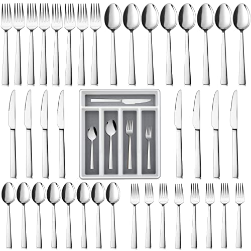 LIANYU 60-Piece Silverware Set with Organizer Tray, Stainless Steel Square Flatware Cutlery Set for 12, Tableware Eating Utensils for Home Restaurant, Dishwasher Safe, Mirror Polished - color: Silver