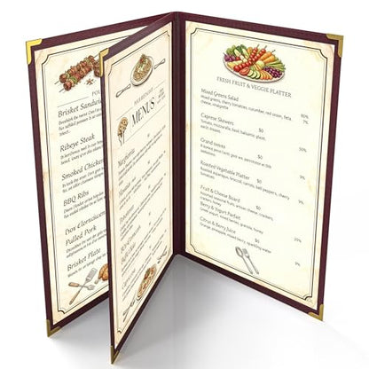 10 Pcs Burgundy Menu Cover 8.5x14, 3 Page 6 View, Crystal-Clear - color: burgundy, size: 3 Pages - 8.5" x 14"