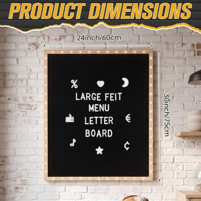 24 x 30 Inches Felt Letter Board & LED Light, Black, Natural Wood - color: Black, size: 24 x 30 Inches, style: Natural Wood