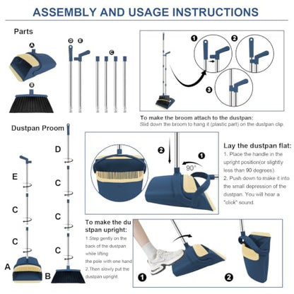 Broom and Dustpan Set, 51" Long Handle Broom with Mini Set Navy Blue - color: Blue, size: Normal