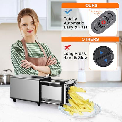 SIXRARI Electric French Fry Cutter, 1/2 & 3/8 Inch Interchangeable Stainless Steel Blades Automatic Potato Cutter, Commercial & Household Potato Slicer, Use for Potatoes Onion Cucumbers - color: Silver