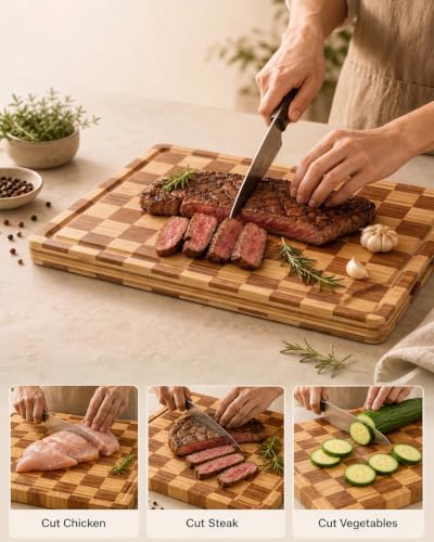 Cutting Board Set of 3 with Holder Checkered Cutting Boards for Kitchen - color: Natural - Set of 3