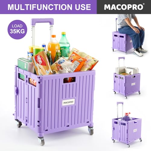Foldable Utility Cart Folding Portable Rolling Crate Handcart with Durable Heavy Duty Plastic Telescoping Handle Collapsible 4 Rotate Wheels for Travel Shopping Moving Luggage Office Use (Purple) - color: Purple