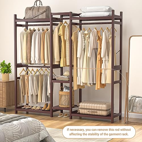 Homykic Bamboo Clothing Rack with 7 Shelves, 5 Rods, 70” Wide, Espresso - color: Espresso, size: III Large