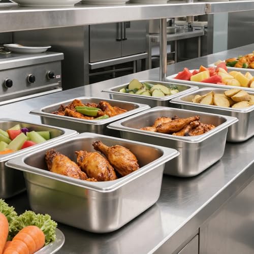 VEVOR 6 Pack Stainless Steam Hotel Pans, 1/6 Size Table Steam Pan, 4 Inch Deep, Anti Jam Restaurant Supplies Reusable Rustproof Catering Storage for Home, Party, Restaurant, Hotel, Buffet - size: 1/6 Size, style: 4 Inch Deep