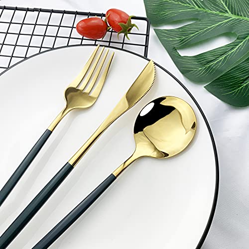 JASHII Flatware Serving Set 24 Piece, Stainless Steel Silverware Set, Green Gold Cutlery Set, Modern Elegant Tableware Set for Party, Christmas, Dinner (Green Gold) - color: Green Gold