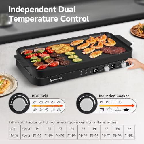 AMZCHEF Double Induction Cooktop with Removable Griddle Pan Non-stick,Black - color: Black