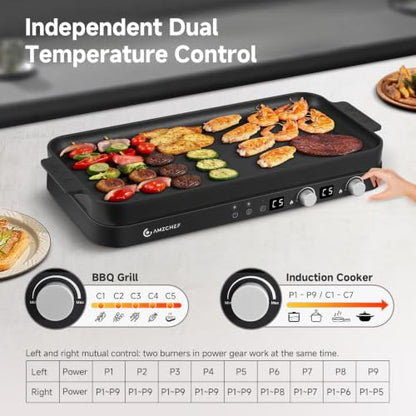 AMZCHEF Double Induction Cooktop with Removable Griddle Pan Non-stick,Black - color: Black