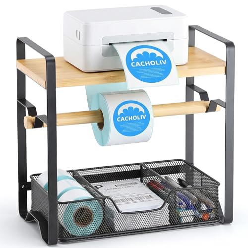 Label Holder for Thermal Printer - Sticker Roll Dispenser with Drawer - Shipping Lable Holder for Rolls and FanFold Labels - Thermal Printer Stand for Home, Office, Small Business (Bamboo-Black) - color: Black