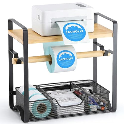 Label Holder for Thermal Printer - Sticker Roll Dispenser with Drawer - Shipping Lable Holder for Rolls and FanFold Labels - Thermal Printer Stand for Home, Office, Small Business (Bamboo-Black) - color: Black