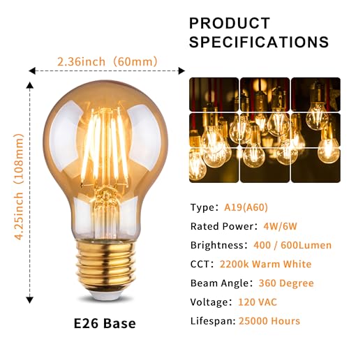 2200k Led Light Bulb,Vintage A19 Edison Bulbs,Dimmable Amber Warm White Tone Light Bulb,Antique Led Filament Light Bulbs,Old Style Light Bulbs,40W/60W Equivalent,4 Watt/6 Watt,E26 Base - color: Amber 2200k Warm Yellow, size: 6W-6 Pack