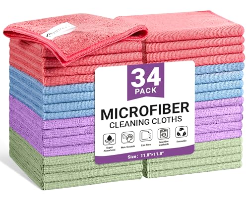 SIFANGKE Microfiber Cleaning Cloth, 34 Pack Assorted Color Cleaning Rags for Housekeeping, Colorful Reusable Microfiber Towels for Car, Kitchen, Bathroom and Household Cleaning Supplies, 11.8"X11.8" - color: Assorted - Multicolor, size: 1 Count (Pack of 3