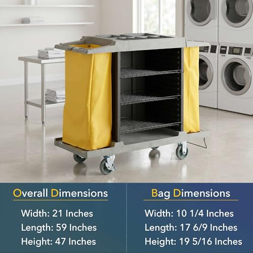 59” x 21” x 47” Large 4-Shelf Multifunctional Housekeeping Cart - Commercial Hotel Cart with 2 Vinyl Bags, 8 Top Compartments, Vacuum Bracket, Casters for Janitorial and Room Service Use - 220 lb - size: Large (4 Shelf)