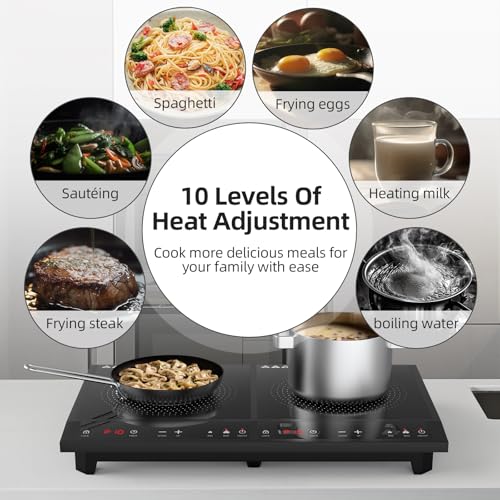 Double Induction Cooktop,Portable Induction Cooker with 2 Burner Independent Control,Ultrathin Body,10 Temperature,1800W-Multiple Power Levels,3 Hour Timer,Safety Lock