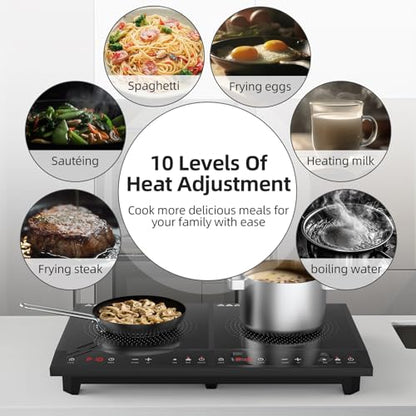 Double Induction Cooktop,Portable Induction Cooker with 2 Burner Independent Control,Ultrathin Body,10 Temperature,1800W-Multiple Power Levels,3 Hour Timer,Safety Lock
