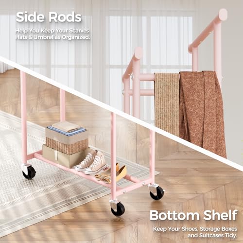 HYSEYY Clothes Rack, Double Rods Rolling Clothing Rack for Hanging Clothes, Portable Garment Rack with Wheels, Coat Rack Wardrobe Closet Load 240 LBS for Bedroom Laundry Room (Pink, L) - color: Pink