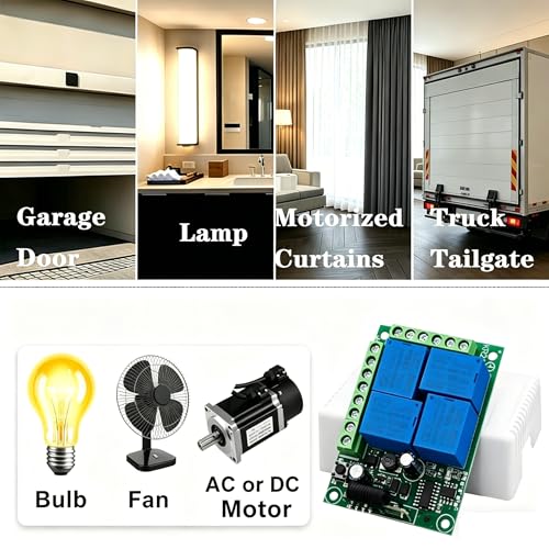 QIACHIP Universal 12V 4CH Wireless Relay Remote Module Switch RF 433Mhz with Remote Control Key Fob 2 Transmitters 1 Receiver for Light Garage Door Electric Gate,Momentary Toggle Latched(KR1204) - color: KR1204+2KT06（DC 12V 4-CH）