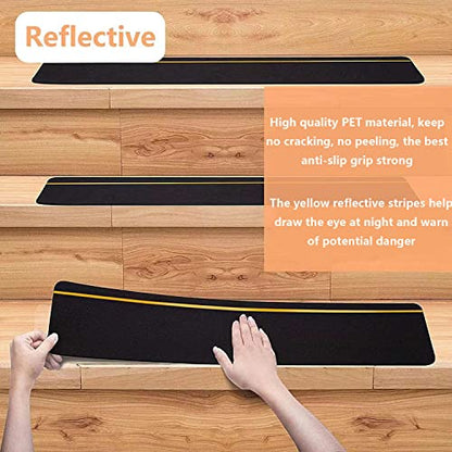 WOPPLXY 10 Pcs Anti Slip Stair Tread with Reflective Stripe, 6" x 24" Black Grip Tape for Stairs Adhesive Non Skid Tape Outdoor Traction Treads Staircase Step Treads Friction Abrasive for Stairs Step