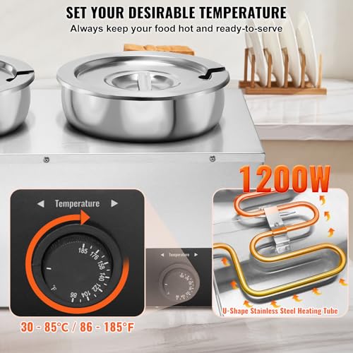 VEVOR Electric Soup Warmer, Three 7.4QT Stainless Steel Round Pot 86~185°F Adjustable Temp, 1200W Commercial Bain Marie with Anti-dry Burn and Reset Button, Soup Station for Restaurant, Buffet, Silver - size: 3*7.4QT