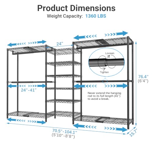 VIPEK X3 Plus Large Expandable Closet Rack Wardrobe Closet Organizer Black - color: Black, size: X3 Plus