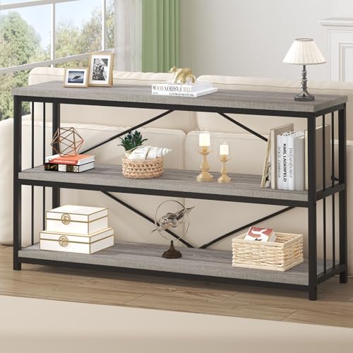 HSH Long Bookshelf, Large Wood Wide Grey Horizontal Book Shelf Under Window, Modern Open Etagere Bookcase for Bedroom Living Room, Industrial Wooden Metal Display Bookshelves for Home Office, 63 Inch - color: Light Grey Oak, size: 63 Inch