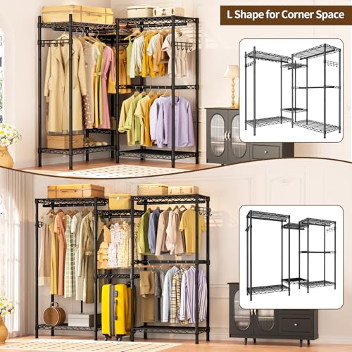 Golpart Heavy Duty Clothes Rack Metal Wardrobe with Adjustable Wire Shelves - color: Black, size: 15.75"D x 77.5"W x 77"H