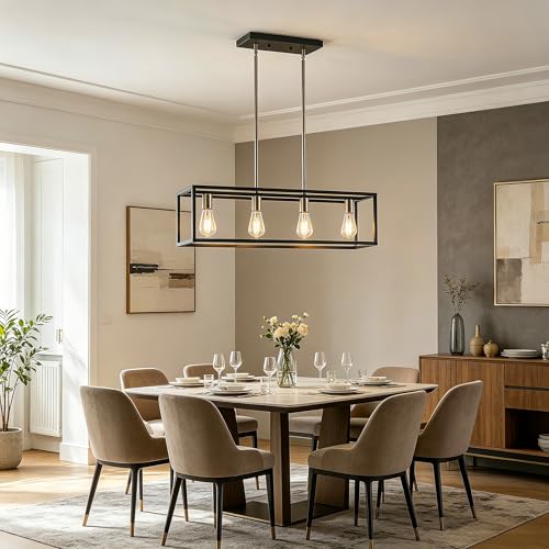 Black&Brushed Nickel Kitchen Light Fixtures Farmhouse Rectangle Chandeliers Dining Room Light for Dining Rooms, Light Fixture Matte 4-Light Industrial Pendant Lighting - color: Black & Brushed Nickel, size: 4 Lights