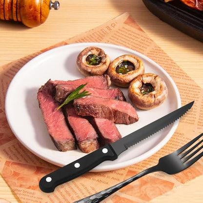 30 Pcs Black Hammered Silverware Set Service for 6,with Steak Knives Stainless Steel Flatware Set,Mirror Cutlery Utensil,Durable Kitchen Tableware,Ripple Teardrop Fork Knife Spoon,Dishwasher Safe - color: 12SLF-30pc/Steak Knives-Black