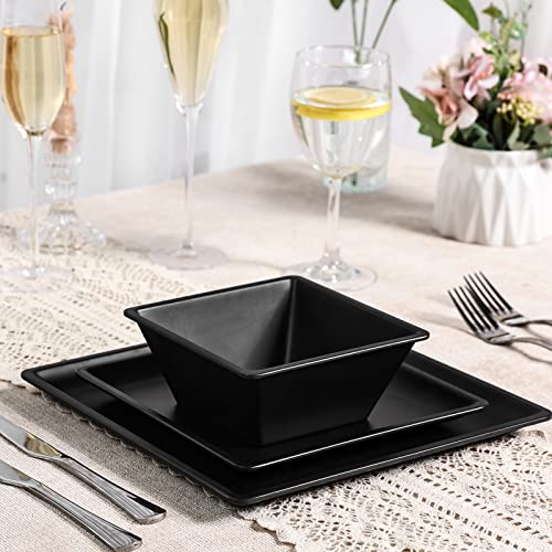 12 Piece Melamine Plates and Bowls Sets，Black Square Dinnerware Set for 4 - color: Pure Black