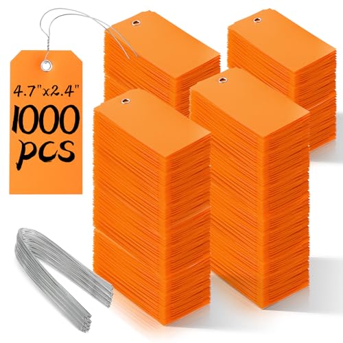 1000 Pieces Plastic Shipping Tags with Wire Labeling Tags Waterproof Hang Tags with Reinforcement Hole Writable Luggage tag Loops for Equipment Inventory Parts Garage (Orange, 4 3/4" x 2 3/8") - color: Orange