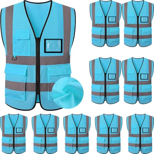 Reflective Mesh Safety Vest, Breathable Hi Vis Vest Construction Work with 5 Pockets and Zipper for Men Women - color: Lake Blue