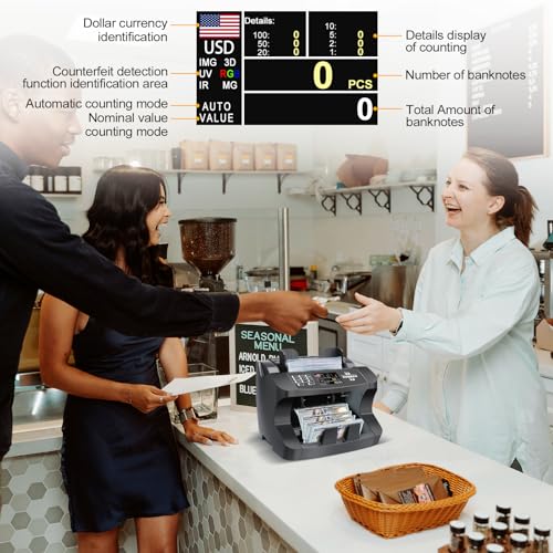 N10 Money Counter Machine Mixed Denomination, Bill Value Counting for US Dollar with UV/MG/IR Counterfeit Detection, Small Business Commercial use