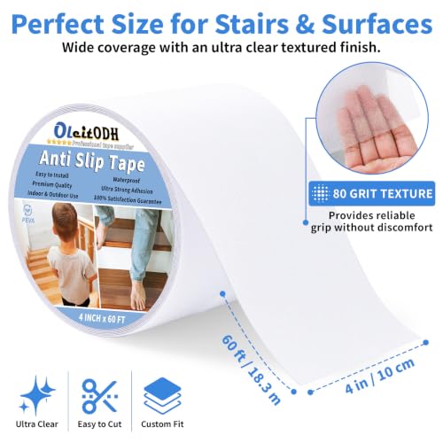 Oleitodh Clear Non-Slip Tape, 4In x 60Ft, Transparent Safety Grip - color: Clear, size: 4 in x 60 ft
