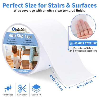 Oleitodh Clear Non-Slip Tape, 4In x 60Ft, Transparent Safety Grip - color: Clear, size: 4 in x 60 ft