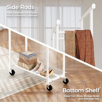 HYSEYY Clothes Rack, Double Rods Rolling Clothing Rack for Hanging Clothes, Portable Garment Rack with Wheels, Coat Rack Wardrobe Closet Load 240 LBS for Bedroom Laundry Room (White, L) - color: White