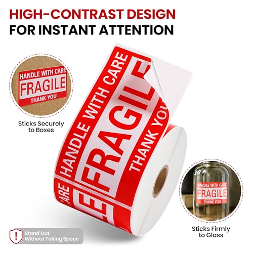 3 × 5 Inch Fragile Stickers Strong Adhesive Handle with Care Stickers Pre-Perforated Line Fragile Labels for Shipping Moving (500 PCS, 1 Roll) - size: 3" × 5", style: 1 Roll-500 PCS