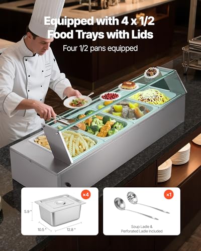 VEVOR Commercial Food Warmer, 1500W Electric Stainless Steel Steam Food Warmer with Glass Cover, 4-Pan Countertop Buffet Bain Marie with Soup & Perforated Ladles, for Catering, Restaurant & Party - size: 4x1/2Pan;48QT
