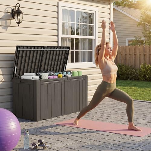 Devoko 100 Gallon Outdoor Storage Box, Waterproof Deck Box Lockable - color: Brown, size: 100 Gallon