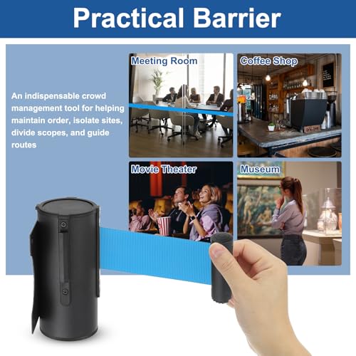 MECCANIXITY Wall Mount Retractable Belt Barrier 6.56ft Crowd Control Belts - color: Black/Light Blue, size: 6.56 ft