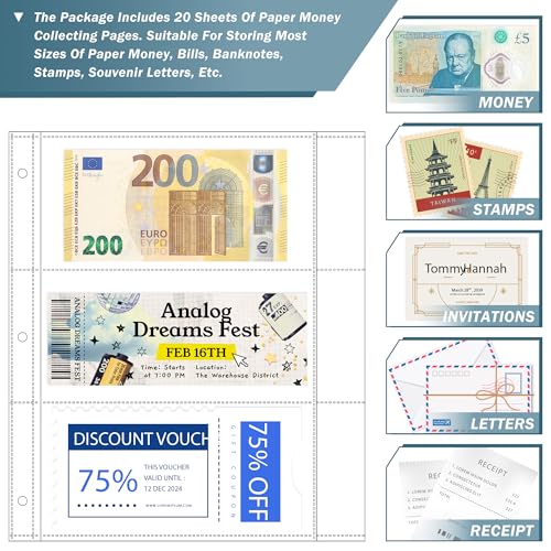 20 Sheets Currency Sleeves 60 Pockets with Labels for 3-Ring Binder - size: 20 Sheets/60 Pockets