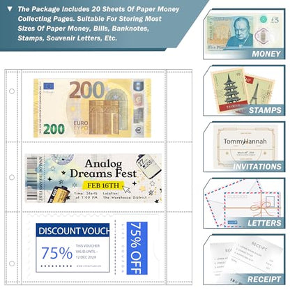 20 Sheets Currency Sleeves 60 Pockets with Labels for 3-Ring Binder - size: 20 Sheets/60 Pockets