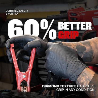 GRIPXX Herkules Grip Heavy Duty 8Mil Black Nitrile Gloves,3D Raised Diamond Texture-Latex & Powder-Free Industrial, Mechanic - size: Medium