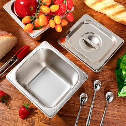 16 Set 1/6 Stainless Steel Pans with 16 Lids, 2Tongs, 4Spoons, 4 Inch Deep - size: 4 Inch