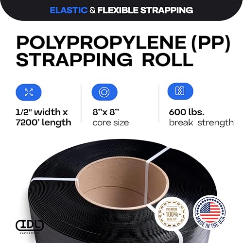 IDL Packaging 1/2" x 7200' Polypropylene (PP) Strapping Roll, USA-Made - size: 1/2" x 7200' (8x8" Core), 600 lbs BS