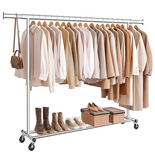SONGMICS Clothes Rack with Wheels, Heavy-Duty, 330 lb Load Capacity - color: Silver, size: 17.7"D x (63"-78.7")W x 63.6"H