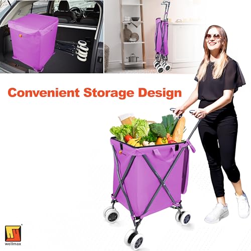 Wellmax Folding Shopping Cart with Canvas Bag & Cover, Holds 120 lb, Purple - color: Purple
