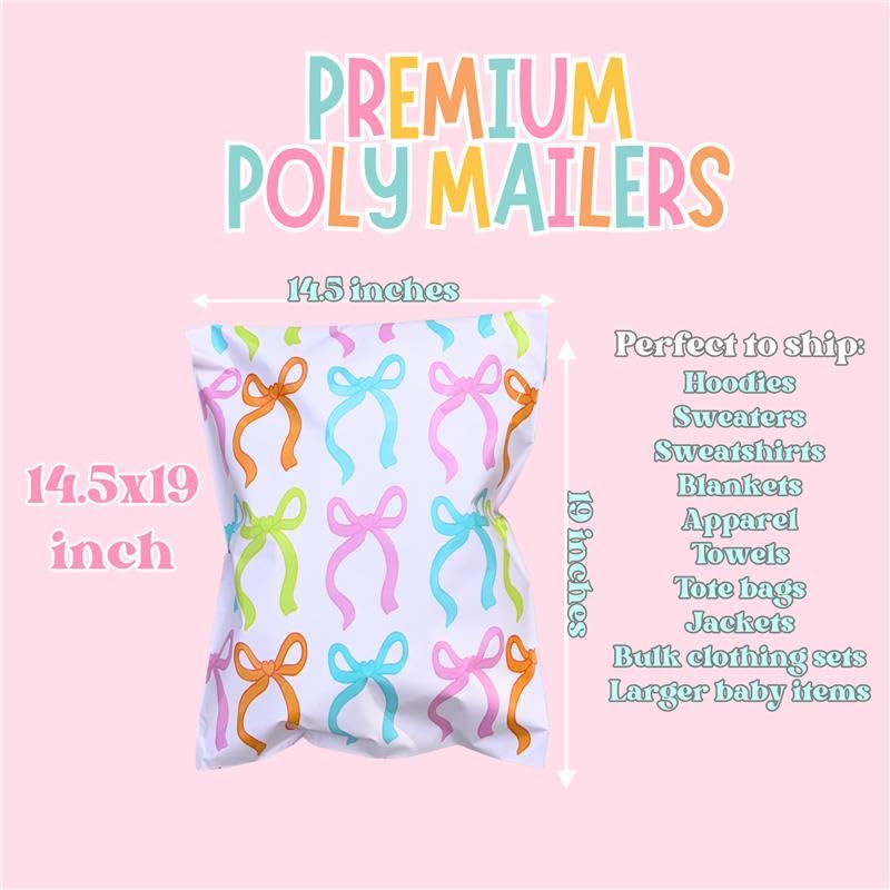 14.5x19 Designer Poly Mailer 100 Pack Heavy Duty Polymailers Waterproof Self Seal Shipping Bags Packaging for Small Business Large Mailing Envelopes Bulk Tear Resistant Packaging Lovely Bows - color: Lovely Bows, size: 14.5x19