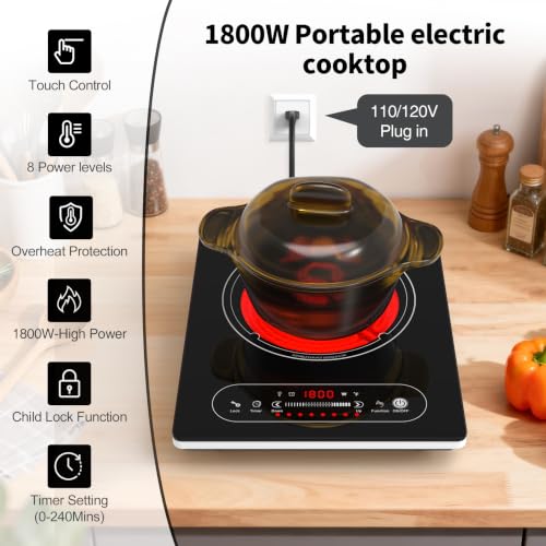 VBGK Single Burner Electric Cooktop,110V 1800W Electric Stove Top with LED Touch Control,8 Power Levels, 4H Timer, Safety Lock,portable single burner cooktop Overheat protection - size: single electric burner