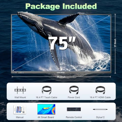 COOLHOOD 75" Smart Board, 4K UHD Touchscreen Interactive Digital Whiteboard Display, Electronic All-in-One Computer for Classroom Office Home Business w/Open App Ecosystem (Board & Wall Mount Only) - size: 75Inch